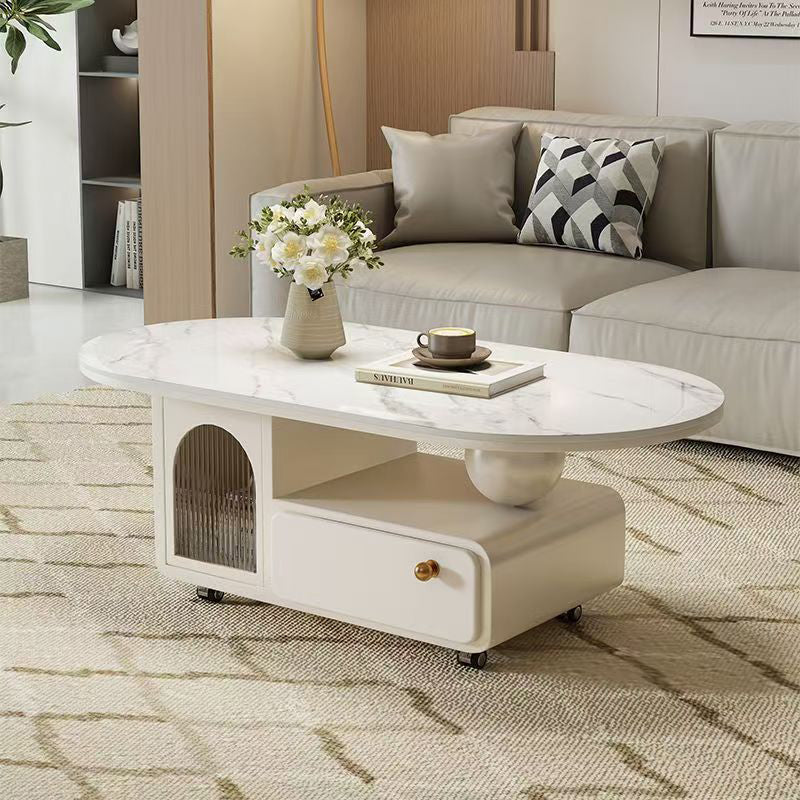 Table basse ovale rectangulaire en pierre frittée scandinave contemporaine, bois massif, contreplaqué, acrylique, avec 1 tiroir, pour salon 