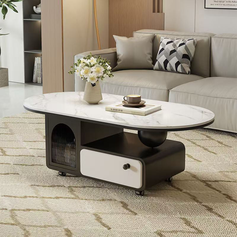 Table basse ovale rectangulaire en pierre frittée scandinave contemporaine, bois massif, contreplaqué, acrylique, avec 1 tiroir, pour salon 