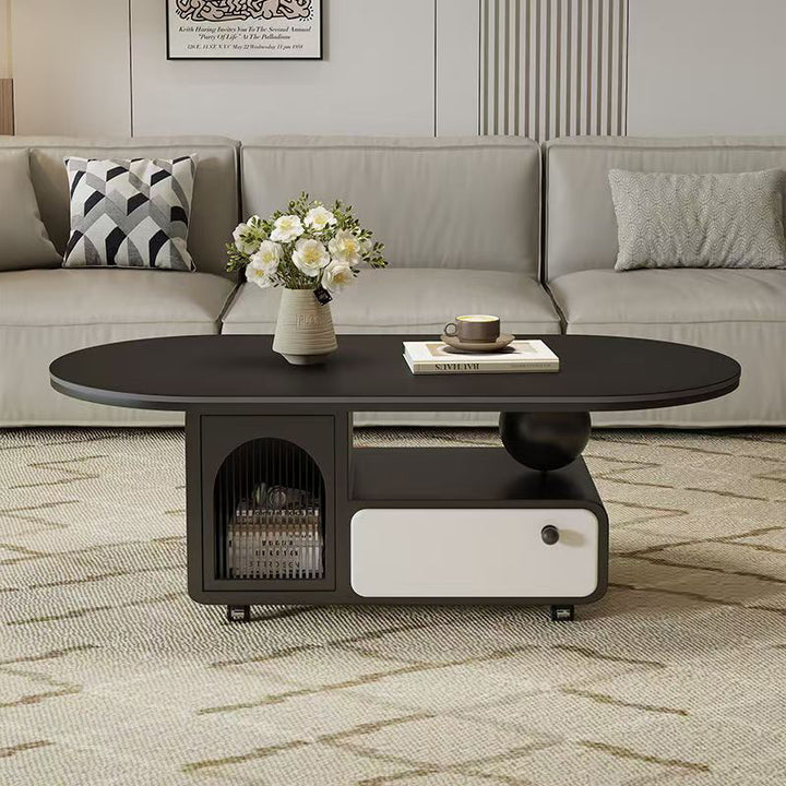Table basse ovale rectangulaire en pierre frittée scandinave contemporaine, bois massif, contreplaqué, acrylique, avec 1 tiroir, pour salon 