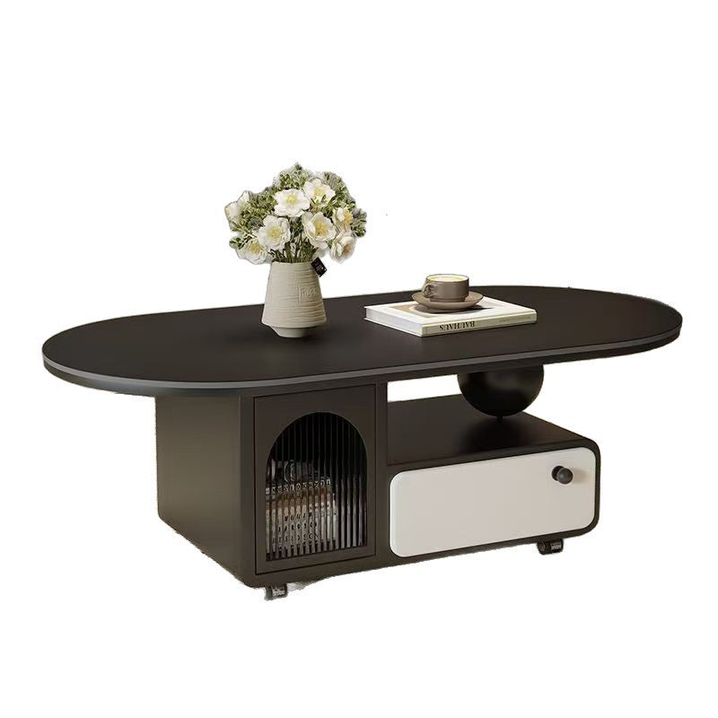 Table basse ovale rectangulaire en pierre frittée scandinave contemporaine, bois massif, contreplaqué, acrylique, avec 1 tiroir, pour salon 