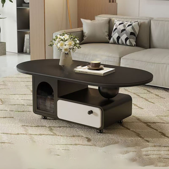 Table basse ovale rectangulaire en pierre frittée scandinave contemporaine, bois massif, contreplaqué, acrylique, avec 1 tiroir, pour salon 