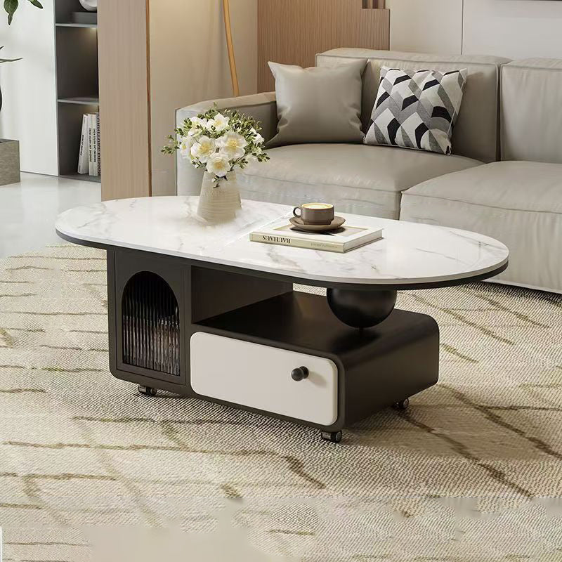 Table basse ovale rectangulaire en pierre frittée scandinave contemporaine, bois massif, contreplaqué, acrylique, avec 1 tiroir, pour salon 