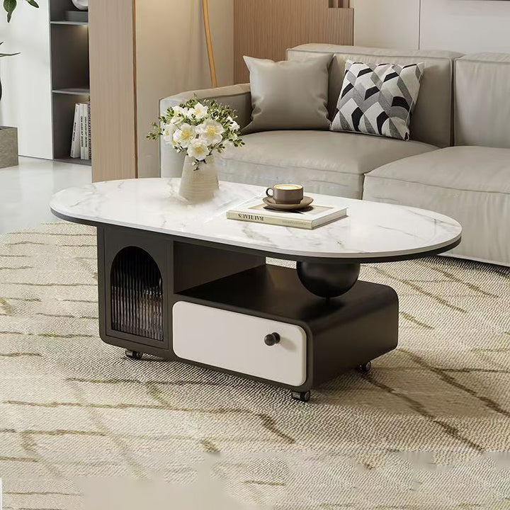 Table basse ovale rectangulaire en pierre frittée scandinave contemporaine, bois massif, contreplaqué, acrylique, avec 1 tiroir, pour salon 