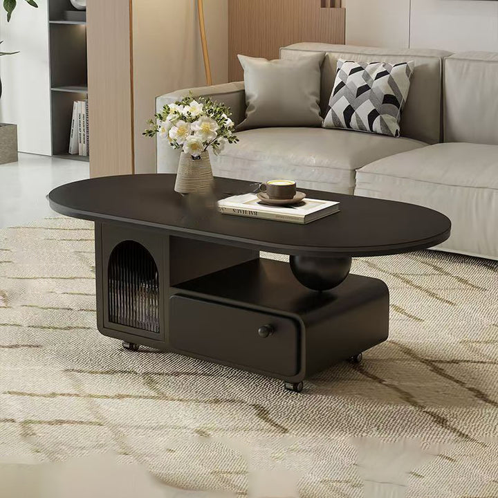 Table basse ovale rectangulaire en pierre frittée scandinave contemporaine, bois massif, contreplaqué, acrylique, avec 1 tiroir, pour salon 