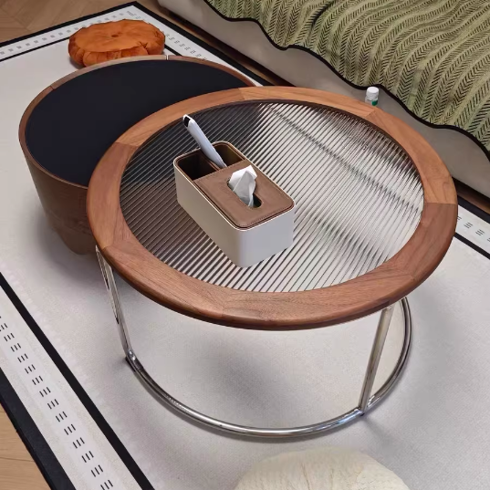 Traditioneller französischer gesinterter Steinglasmassivholz-Sperrholz-Edelstahl-Runder gebogener Couchtisch mit 1 Ebene für das Wohnzimmer 