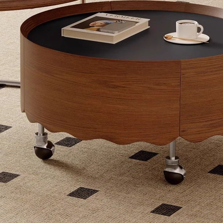 Traditioneller französischer gesinterter Steinglasmassivholz-Sperrholz-Edelstahl-Runder gebogener Couchtisch mit 1 Ebene für das Wohnzimmer 