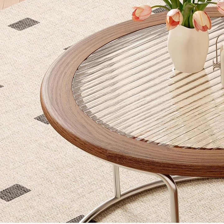 Traditioneller französischer gesinterter Steinglasmassivholz-Sperrholz-Edelstahl-Runder gebogener Couchtisch mit 1 Ebene für das Wohnzimmer 