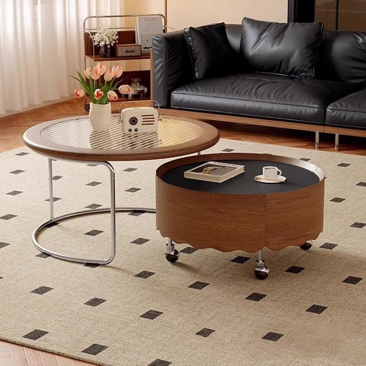 Table basse ronde incurvée en pierre frittée française traditionnelle, verre, bois massif, contreplaqué, acier inoxydable, avec 1 niveau pour salon 