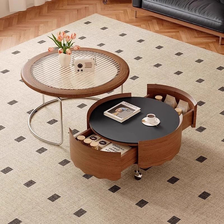 Table basse ronde incurvée en pierre frittée française traditionnelle, verre, bois massif, contreplaqué, acier inoxydable, avec 1 niveau pour salon 