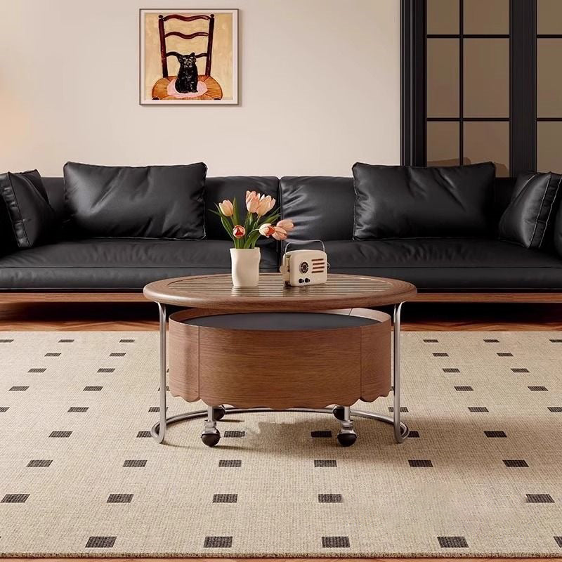 Traditioneller französischer gesinterter Steinglasmassivholz-Sperrholz-Edelstahl-Runder gebogener Couchtisch mit 1 Ebene für das Wohnzimmer 