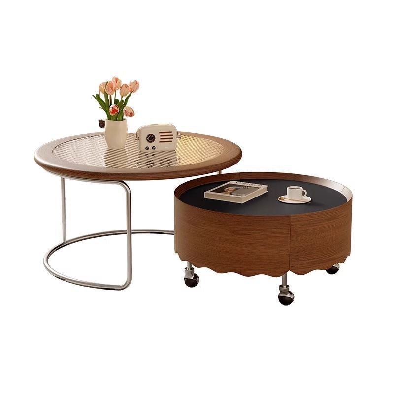 Traditioneller französischer gesinterter Steinglasmassivholz-Sperrholz-Edelstahl-Runder gebogener Couchtisch mit 1 Ebene für das Wohnzimmer 