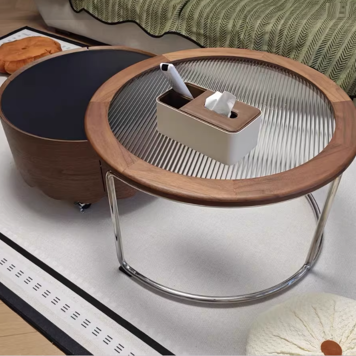 Traditioneller französischer gesinterter Steinglasmassivholz-Sperrholz-Edelstahl-Runder gebogener Couchtisch mit 1 Ebene für das Wohnzimmer 