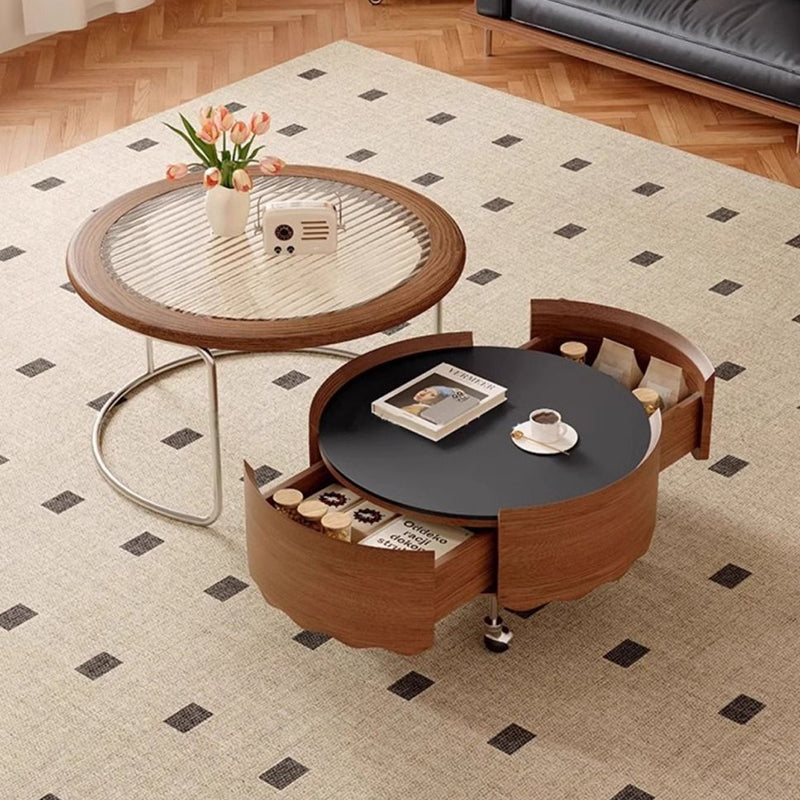 Traditioneller französischer gesinterter Steinglasmassivholz-Sperrholz-Edelstahl-Runder gebogener Couchtisch mit 1 Ebene für das Wohnzimmer 