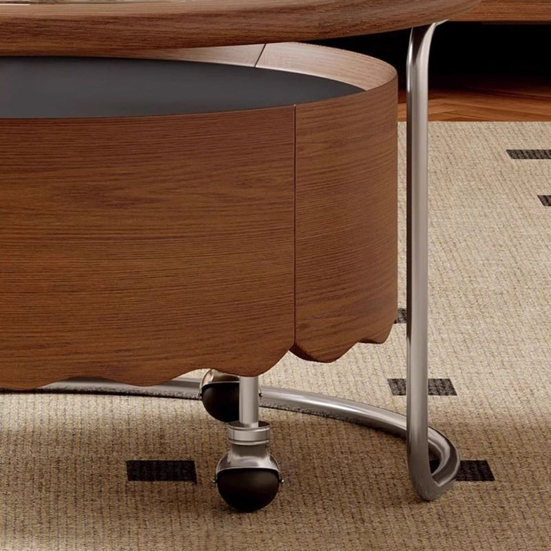 Traditioneller französischer gesinterter Steinglasmassivholz-Sperrholz-Edelstahl-Runder gebogener Couchtisch mit 1 Ebene für das Wohnzimmer 
