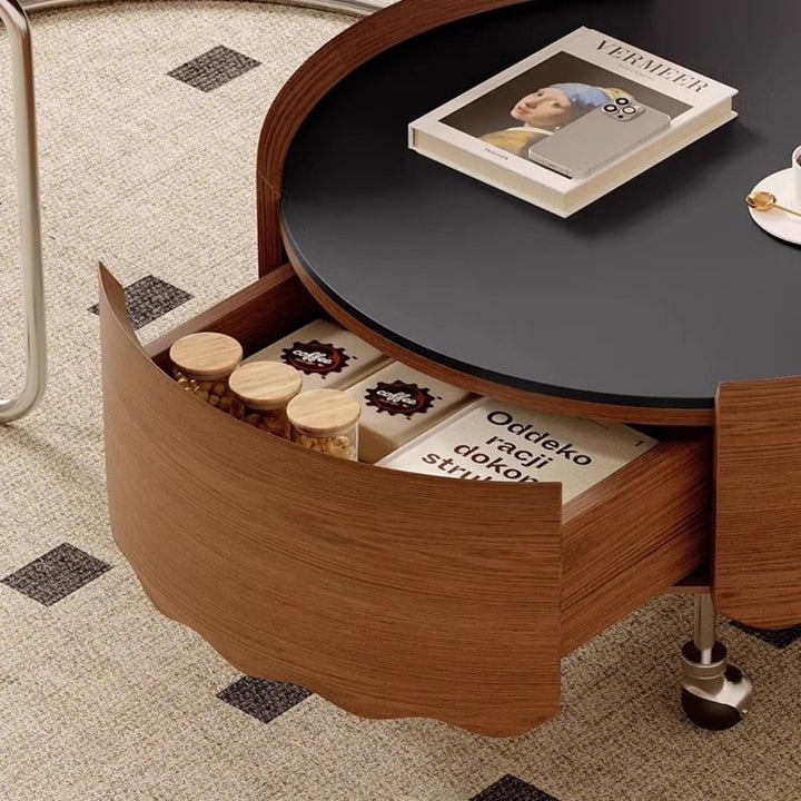 Traditioneller französischer gesinterter Steinglasmassivholz-Sperrholz-Edelstahl-Runder gebogener Couchtisch mit 1 Ebene für das Wohnzimmer 