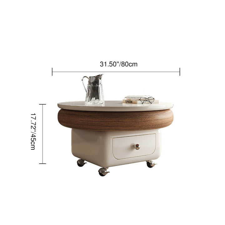 Table basse ronde, carrée et incurvée en pierre frittée française traditionnelle, bois massif, contreplaqué et métal, avec 1 tiroir, pour salon 