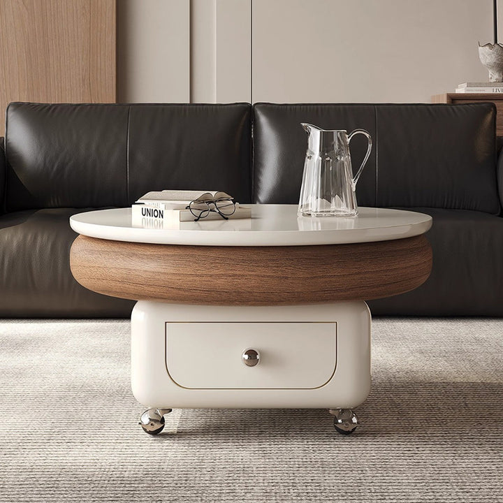 Table basse ronde, carrée et incurvée en pierre frittée française traditionnelle, bois massif, contreplaqué et métal, avec 1 tiroir, pour salon 