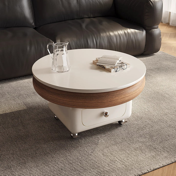 Table basse ronde, carrée et incurvée en pierre frittée française traditionnelle, bois massif, contreplaqué et métal, avec 1 tiroir, pour salon 