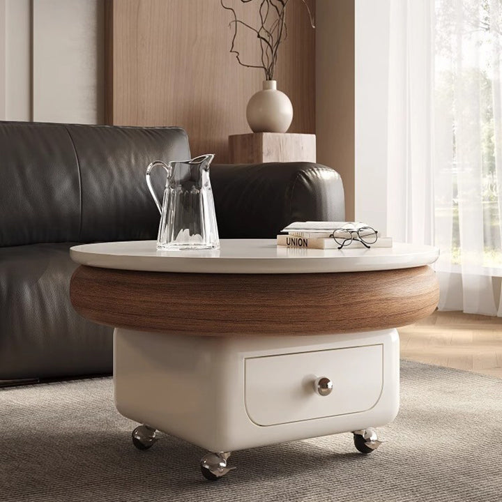 Table basse ronde, carrée et incurvée en pierre frittée française traditionnelle, bois massif, contreplaqué et métal, avec 1 tiroir, pour salon 