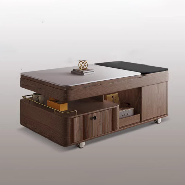 Table basse rectangulaire mobile en bois frêne en pierre frittée française traditionnelle à 2 niveaux pour salon 