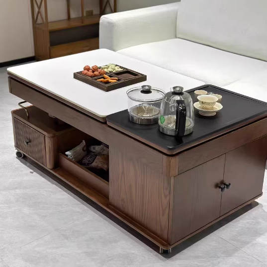 Table basse rectangulaire mobile en bois frêne en pierre frittée française traditionnelle à 2 niveaux pour salon 