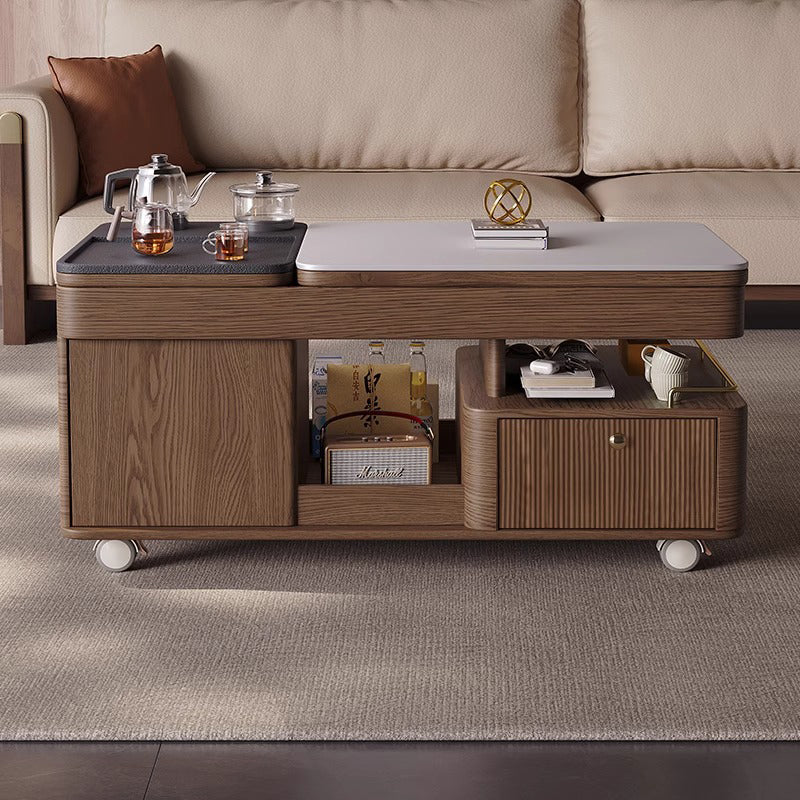 Table basse rectangulaire mobile en bois frêne en pierre frittée française traditionnelle à 2 niveaux pour salon 