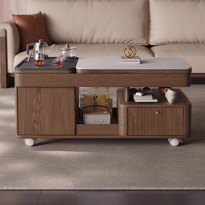 Table basse rectangulaire mobile en bois frêne en pierre frittée française traditionnelle à 2 niveaux pour salon 