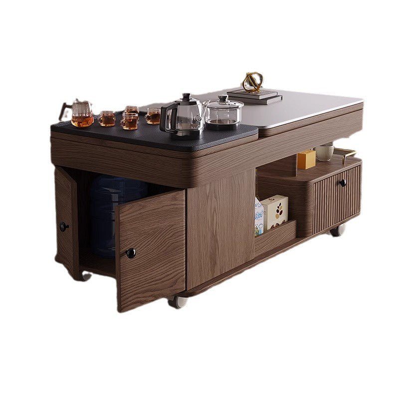 Table basse rectangulaire mobile en bois frêne en pierre frittée française traditionnelle à 2 niveaux pour salon 