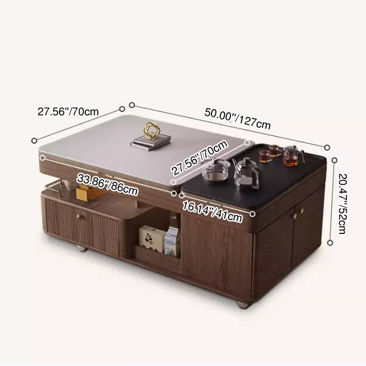 Table basse rectangulaire mobile en bois frêne en pierre frittée française traditionnelle à 2 niveaux pour salon 