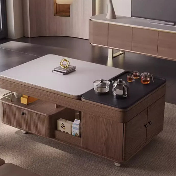 Table basse rectangulaire mobile en bois frêne en pierre frittée française traditionnelle à 2 niveaux pour salon 