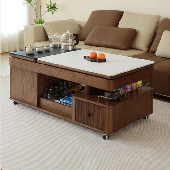 Table basse rectangulaire mobile en bois frêne en pierre frittée française traditionnelle à 2 niveaux pour salon 