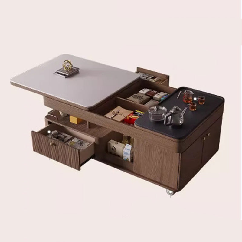 Table basse rectangulaire mobile en bois frêne en pierre frittée française traditionnelle à 2 niveaux pour salon 