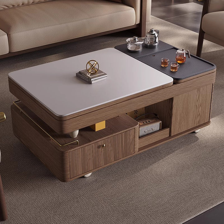 Table basse rectangulaire mobile en bois frêne en pierre frittée française traditionnelle à 2 niveaux pour salon 