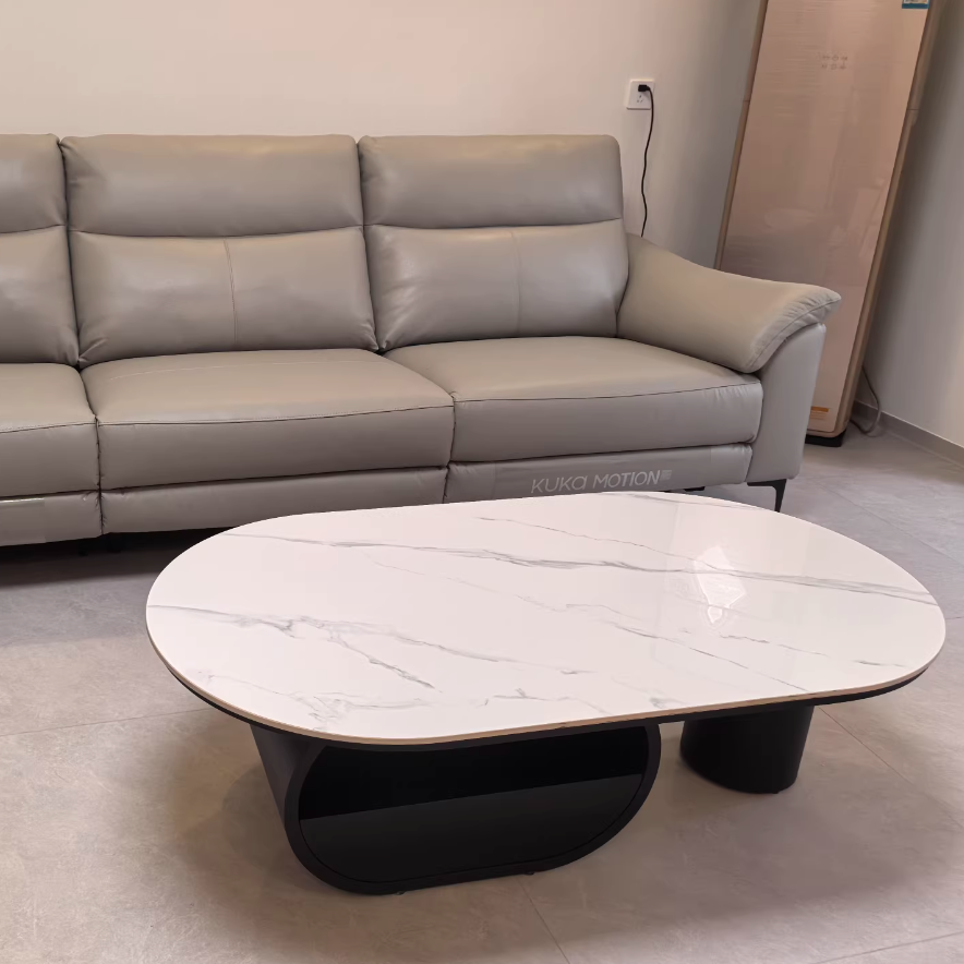 Traditional French Sintered Stone Iron Long Oval Coffee Table With 2 Tiers For Living Room