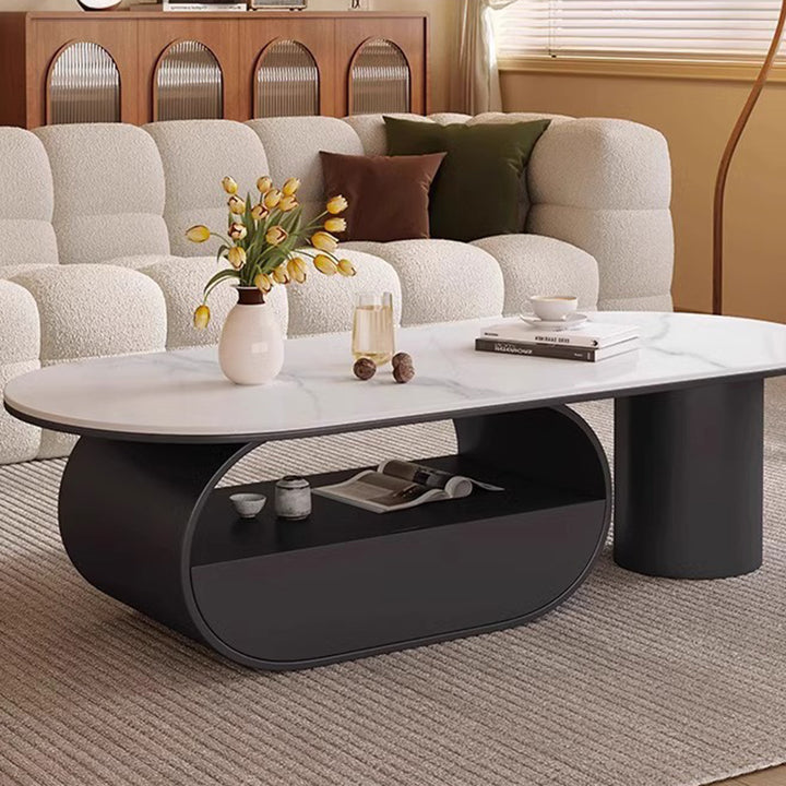 Table basse ovale longue en fer à deux niveaux en pierre frittée traditionnelle française pour salon 