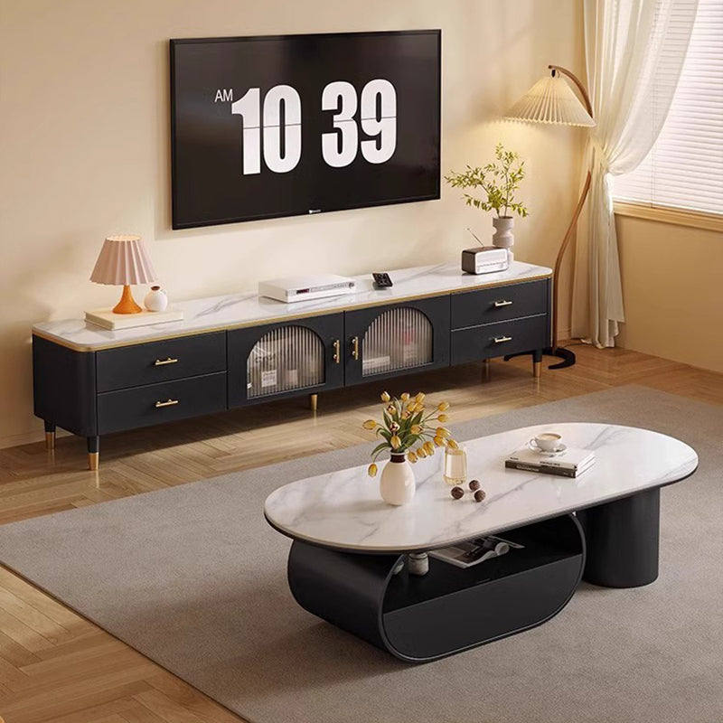 Traditional French Sintered Stone Iron Long Oval Coffee Table With 2 Tiers For Living Room