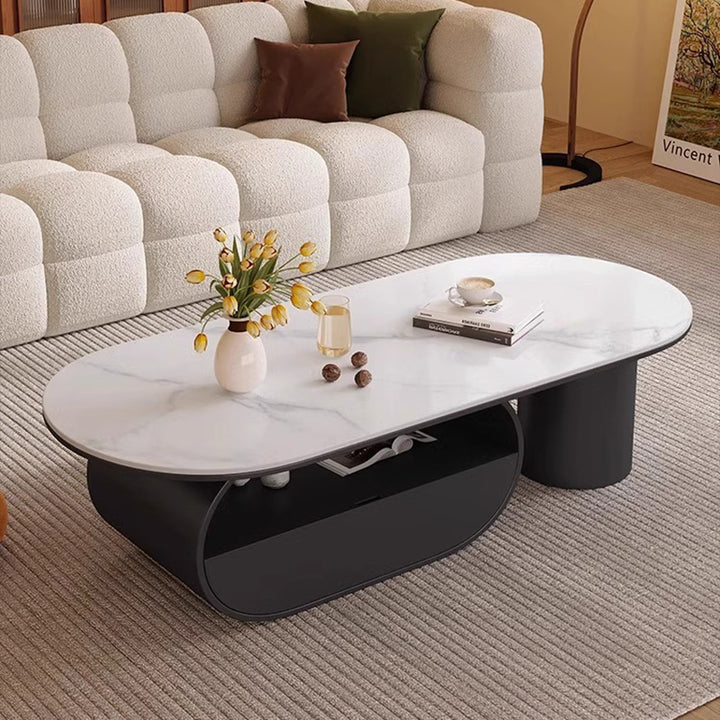 Traditional French Sintered Stone Iron Long Oval Coffee Table With 2 Tiers For Living Room