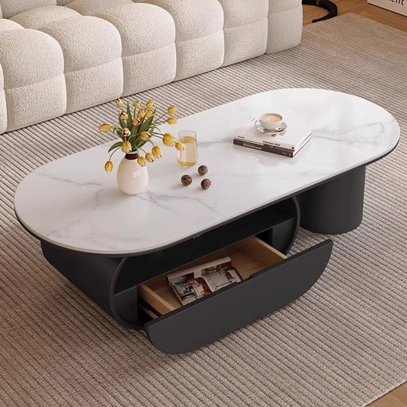 Traditional French Sintered Stone Iron Long Oval Coffee Table With 2 Tiers For Living Room