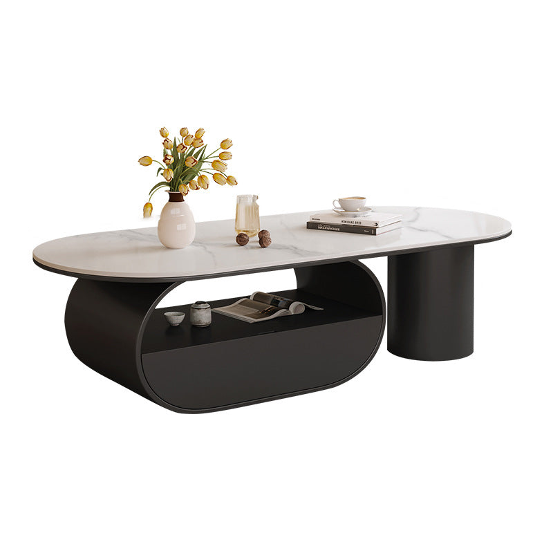 Traditional French Sintered Stone Iron Long Oval Coffee Table With 2 Tiers For Living Room
