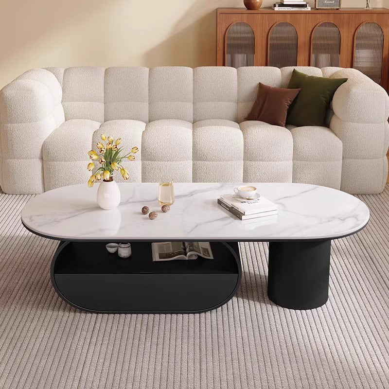 Traditional French Sintered Stone Iron Long Oval Coffee Table With 2 Tiers For Living Room