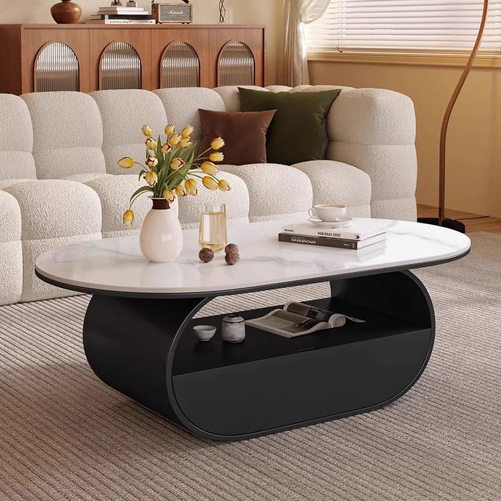 Traditional French Sintered Stone Iron Long Oval Coffee Table With 2 Tiers For Living Room