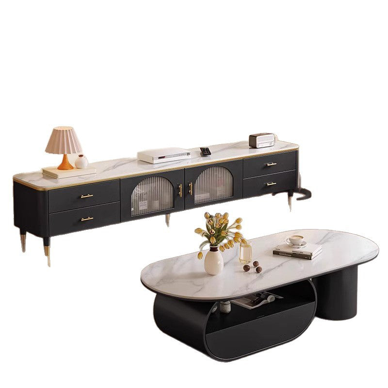 Traditional French Sintered Stone Iron Long Oval Coffee Table With 2 Tiers For Living Room
