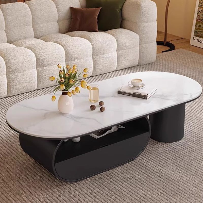 Traditional French Sintered Stone Iron Long Oval Coffee Table With 2 Tiers For Living Room
