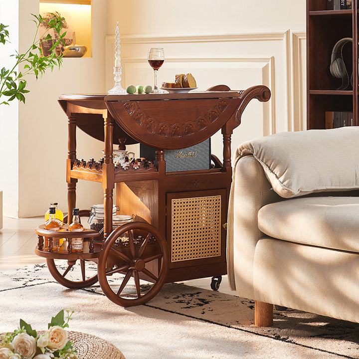 Table basse rectangulaire traditionnelle vintage en bois de frêne et rotin sculpté avec 3 niveaux pour salon 