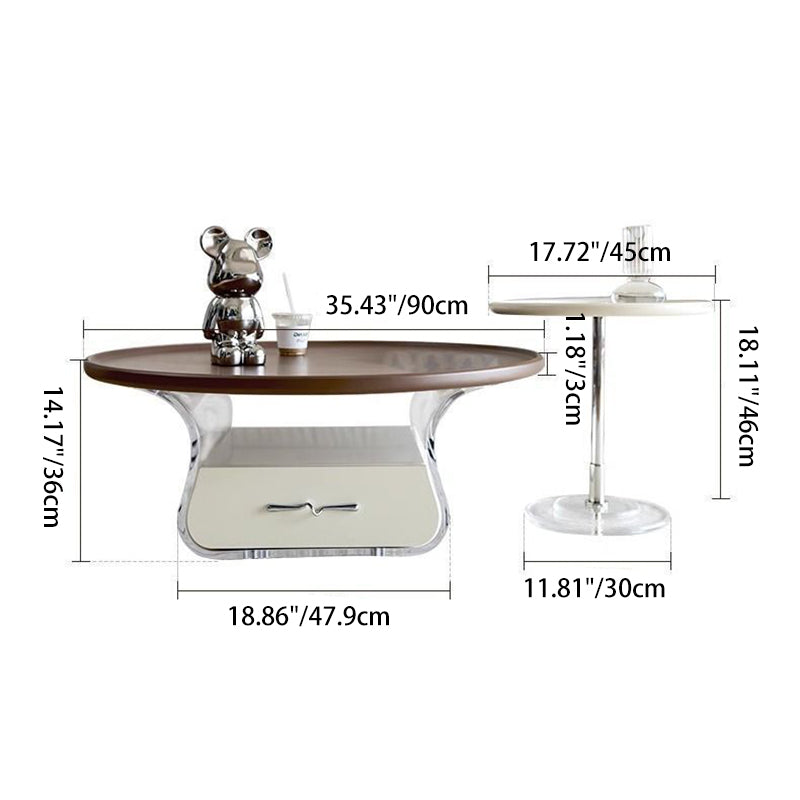 Traditioneller französischer Kaffeetisch aus Holzwerkstoff mit Acryl und Edelstahl, rund und gebogen, mit 2 Ebenen für das Wohnzimmer 