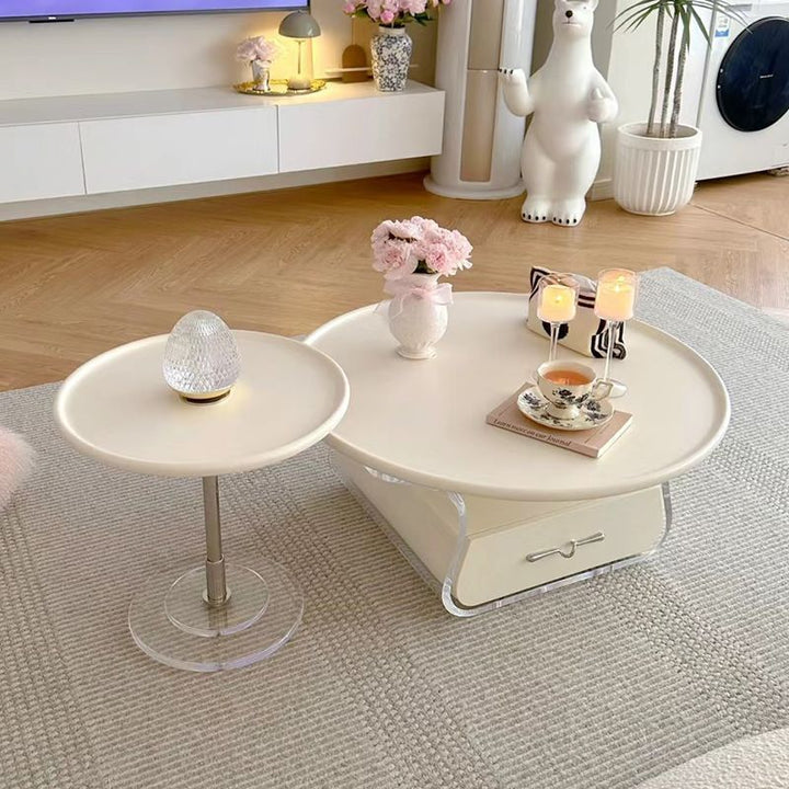 Table basse ronde courbée de style traditionnel français en bois d'ingénierie, acrylique et acier inoxydable avec 2 niveaux pour salon 