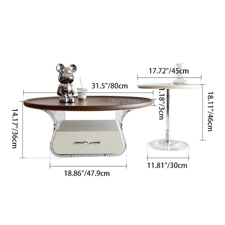 Table basse ronde courbée de style traditionnel français en bois d'ingénierie, acrylique et acier inoxydable avec 2 niveaux pour salon 