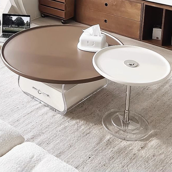 Traditioneller französischer Kaffeetisch aus Holzwerkstoff mit Acryl und Edelstahl, rund und gebogen, mit 2 Ebenen für das Wohnzimmer 