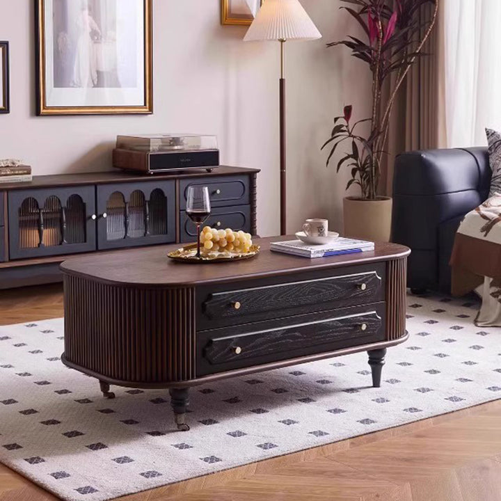Table basse ovale allongée arrondie en chêne français traditionnel, bois massif, panneau multicouche, avec 2 tiroirs pour salon 