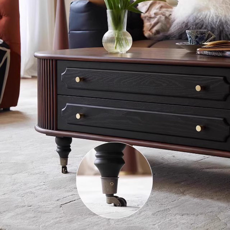 Traditional French Oak Wood Solid Wood Multi-Layer Board Rounded Elongated Oval Coffee Table With 2 Drawers For Living Room